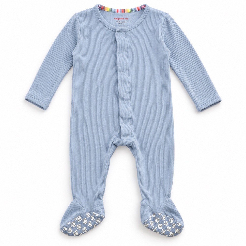 Magnetic Me Blue Ribbed Footie Pajamas 12-18 Months Magnetic Closure Sleeper
